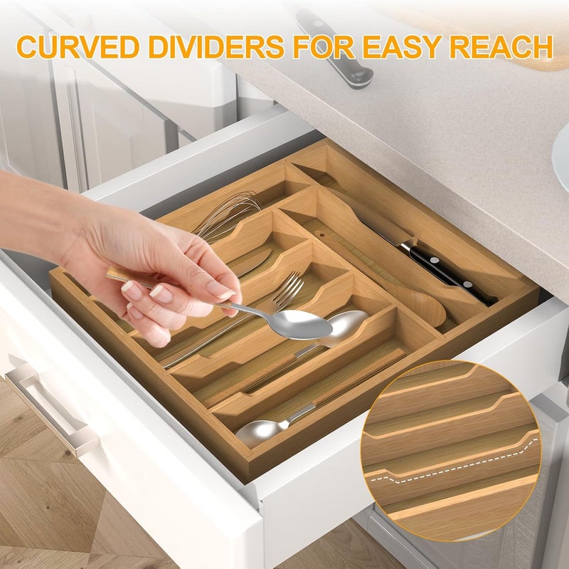FoverOne Bamboo Silverware Organizer Drawer Tray, 7-Compartment Utensil Drawer Organizer for Kitchen & Office, Flatware Holder for Forks, Spoons, Cutlery - Image 5